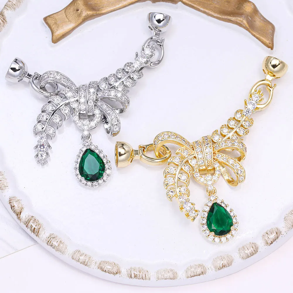 1 Piece Gold-plated Copper Emerald Wheat Ear Bow Pearl Clasp Removable Sweater Chain Pendant Clasp DIY Necklace Clasp Accessory