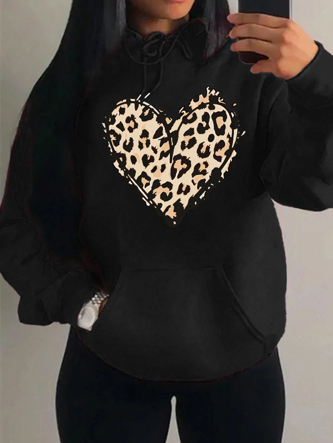 Classic Leopard Print Heart Prints Women Y2K Clothing Japan Creative Hoody Autumn Loose Hoodies Fashion Pocket Unisex Pullovers