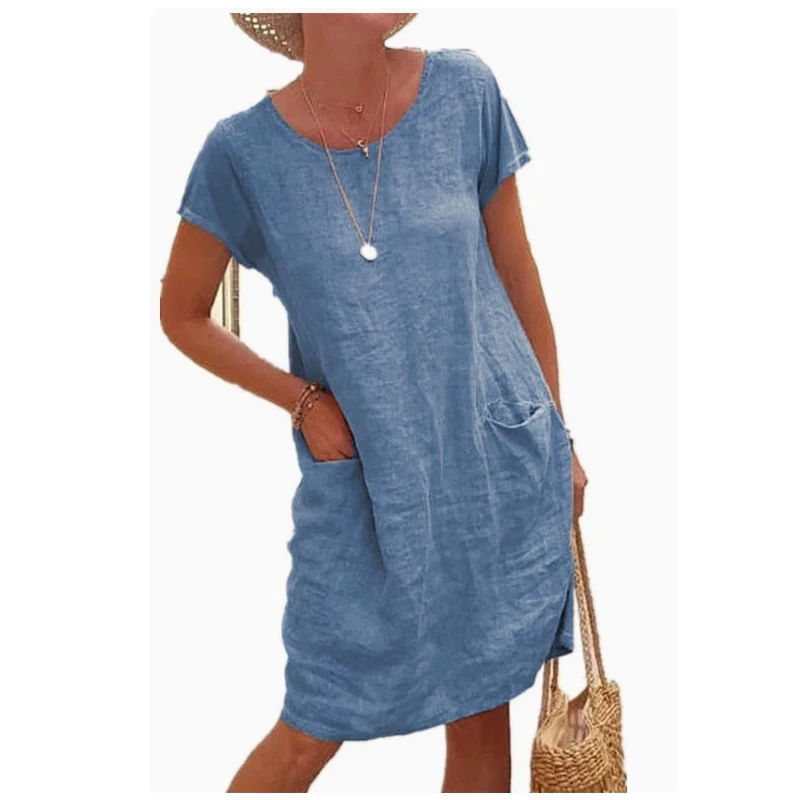

Сплошное цветное хлопковое льняное платье с карманами и короткими рукавами и круглым вырезом, платья макси для женщин