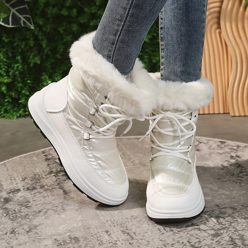 Women\'s Faux Fur Ankle Boots Chunky Platform Waterproof Snow Boots Women Silver Thick Plush Warm Winter Boots Shoes Woman 43