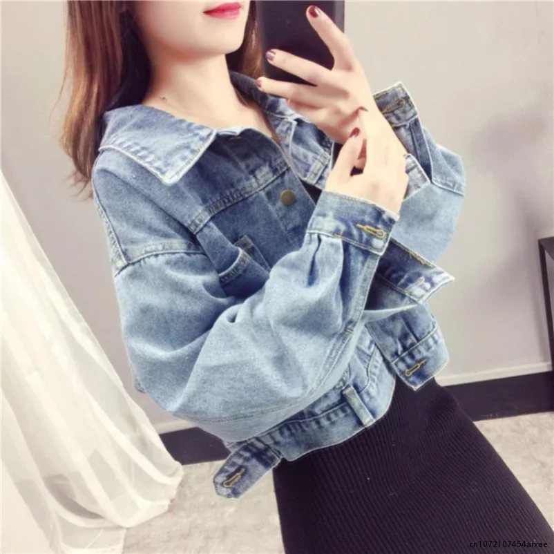 

Denim Jacket Female Long Sleeves Washed Distressed Jean Coats Loose Versatile Short Jackets Clothes For Women Tops Mokijins