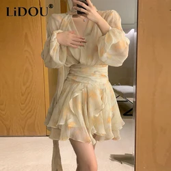 Spring Summer V-neck Floral Printing Waist Mini Chiffon Vestido Ladies Puff Long Sleeve Casual Fashion Robe Women Elegant Dress