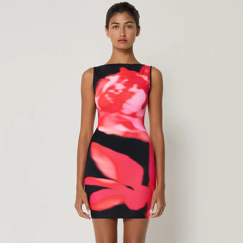 2026 New Y2K Print Bodycon Dress Fashion Abstract Digital Print Slim Fit Streetwear Clubwear Women's Party Dress