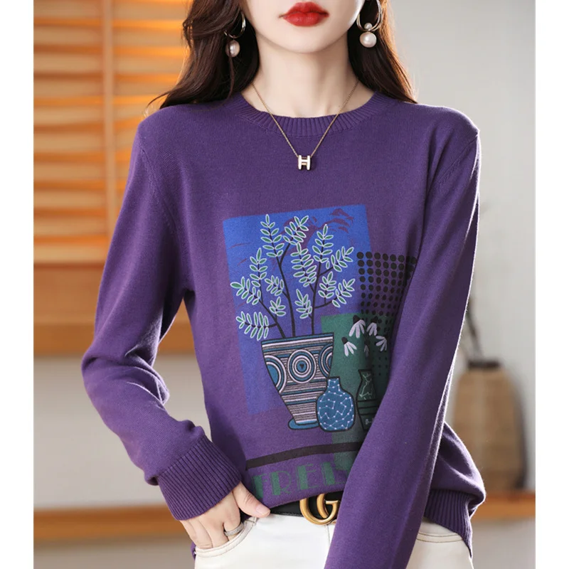 Autumn Round Neck Pattern Sweater Women's Temperament Knitted Light Cotton Pullover Fashion Top Winter Warm Bottoming Shirt