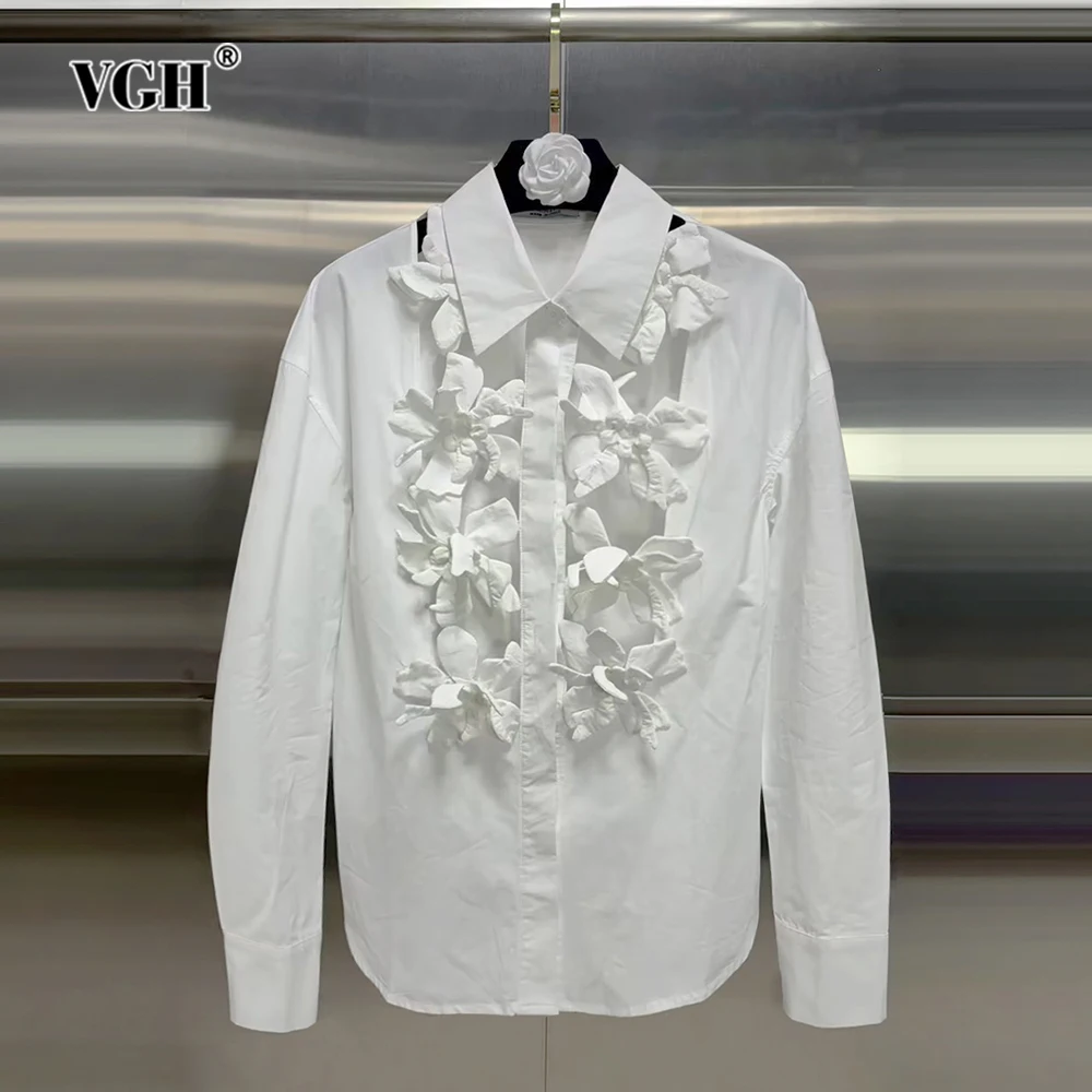 

VGH Solid Hollow Out Patchwork Appliques Shirts For Women Lapel Long Sleeve Spliced Single Breasted Minimalist Blouses Female