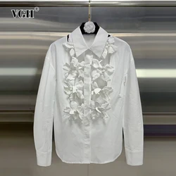 VGH Solid Hollow Out Patchwork Appliques Shirts For Women Lapel Long Sleeve Spliced Single Breasted Minimalist Blouses Female