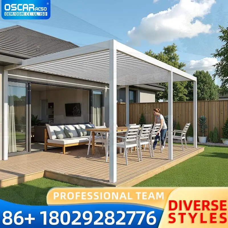 Gazebo de jardín eléctrico de lujo con techo de rejilla ajustable, pérgola impermeable de aluminio motorizada, Ideal para patio trasero al aire libre
