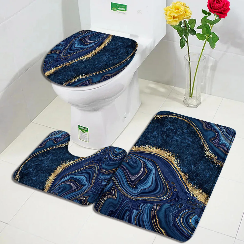 Black Marble Bath Mat Set Modern Abstract Gold Line Texture Pattern Bathroom Decorative Non-Slip Carpet Rugs Toilet Lid Cover