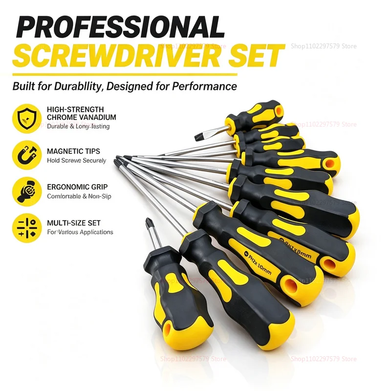 11PCS Magnetic Screwdriver Set Professional Flat Cross Head Cushioned Grip Handle Anti Demagnetizing Remagnetizing Tool