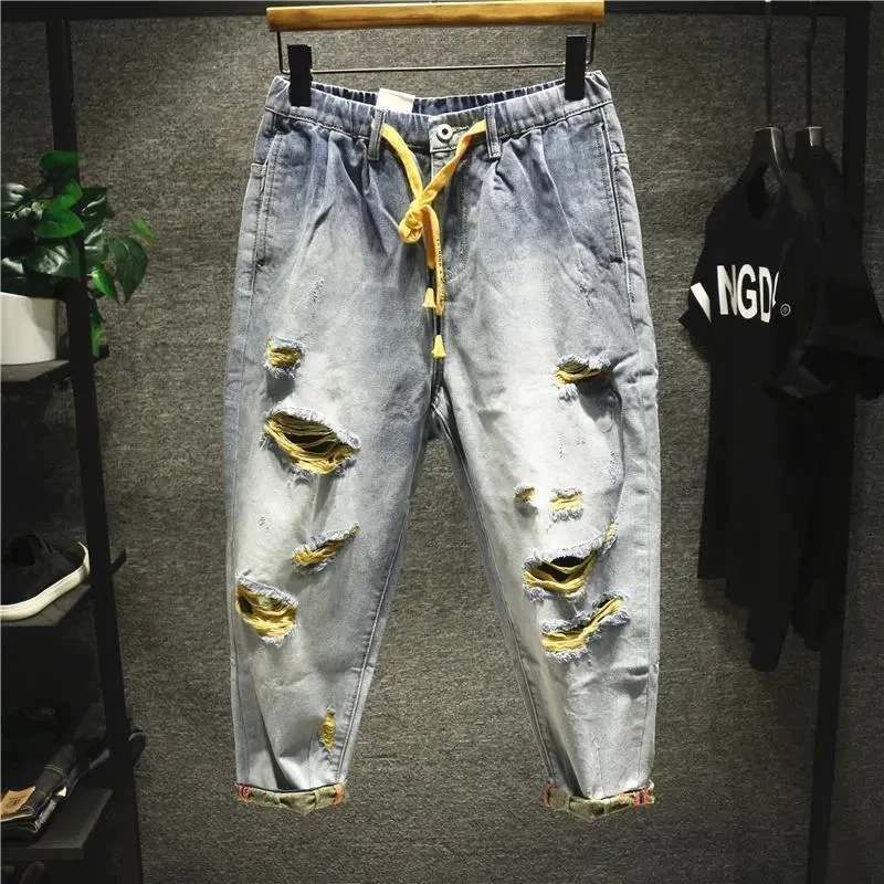 

Streetwear Broken Hole Harem Pants Men's Jeans Korean Fashion Baggy Straight New Summer Casual Pants Men Clothing Denim Pants