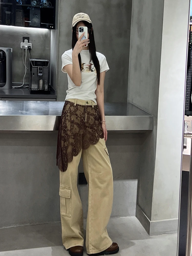 

Retro Patchwork Lace Denim Pants Women's Loose Wide Leg Long Trousers Spring 2026 New Design Casual High Waist Zipper Fly