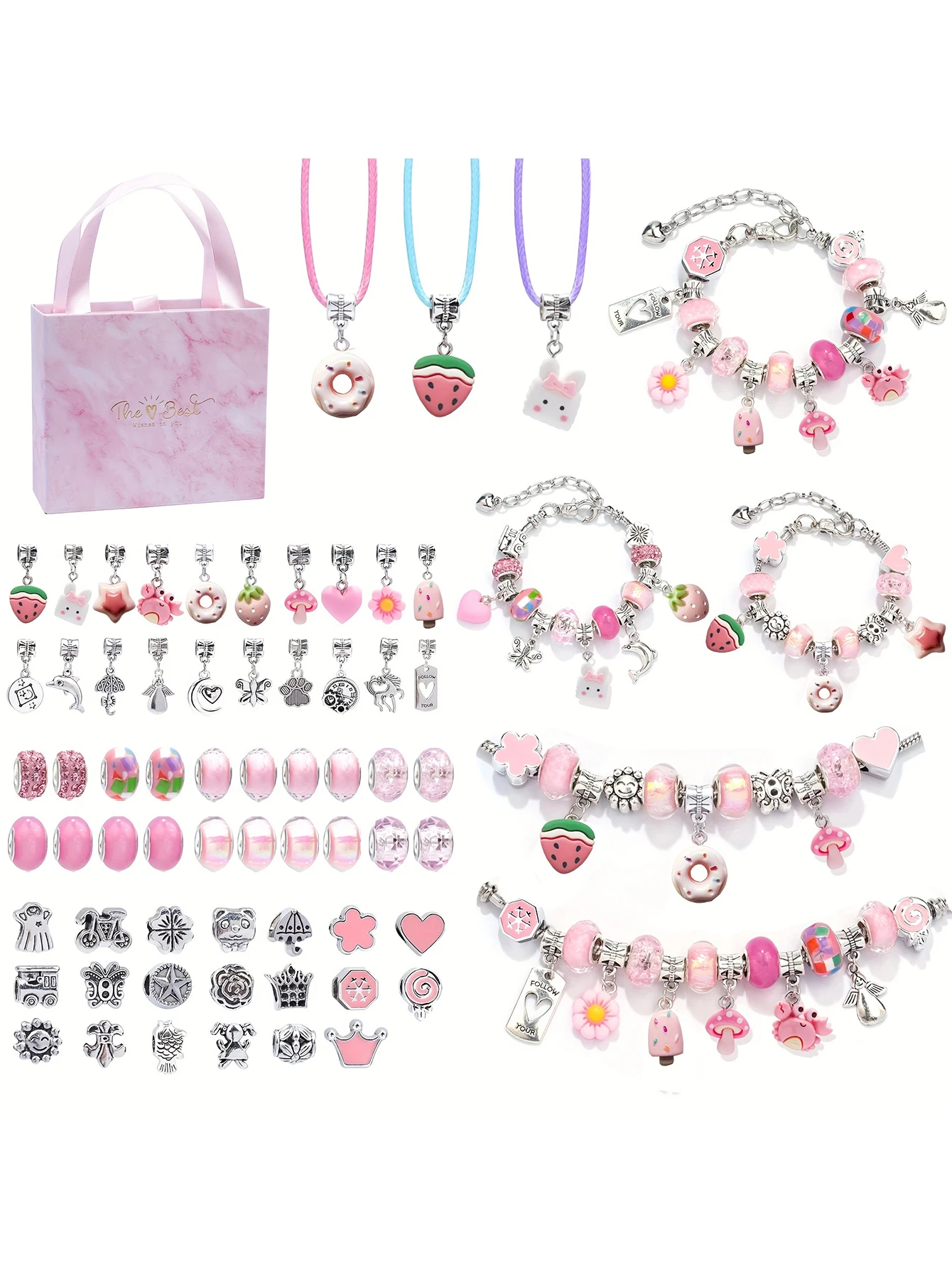 66Pcs Charm Bransoletka Neckalce DIY Zestaw do wyrobu biżuterii dla dziewczynek, z koralikami, wisiorkami, łańcuszkami węża, liną, rękodziełem