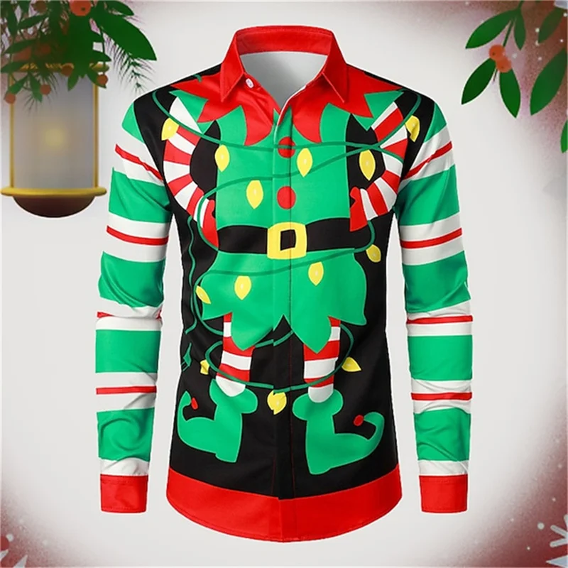 2024 Men's Fashion Merry Christmas Shirt Soft and Comfortable Elastic Button Lapel Shirt HD Realistic Pattern Shirt