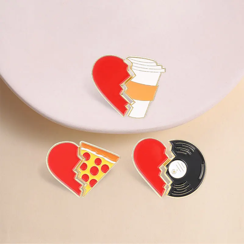 Broken Heart Matching Vinyl Record Coffee Cup Enamel Pins Retro Broken Heart Design Brooches Decor Bag Lapel Badge Jewelry Gifts