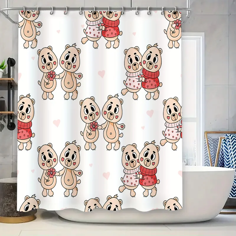 

Cute Cartoon Bear Shower Curtain Romantic Valentine's Day Decor for Bathroom Pink Red Floral Print Fabric Bath Mat Set Size W180