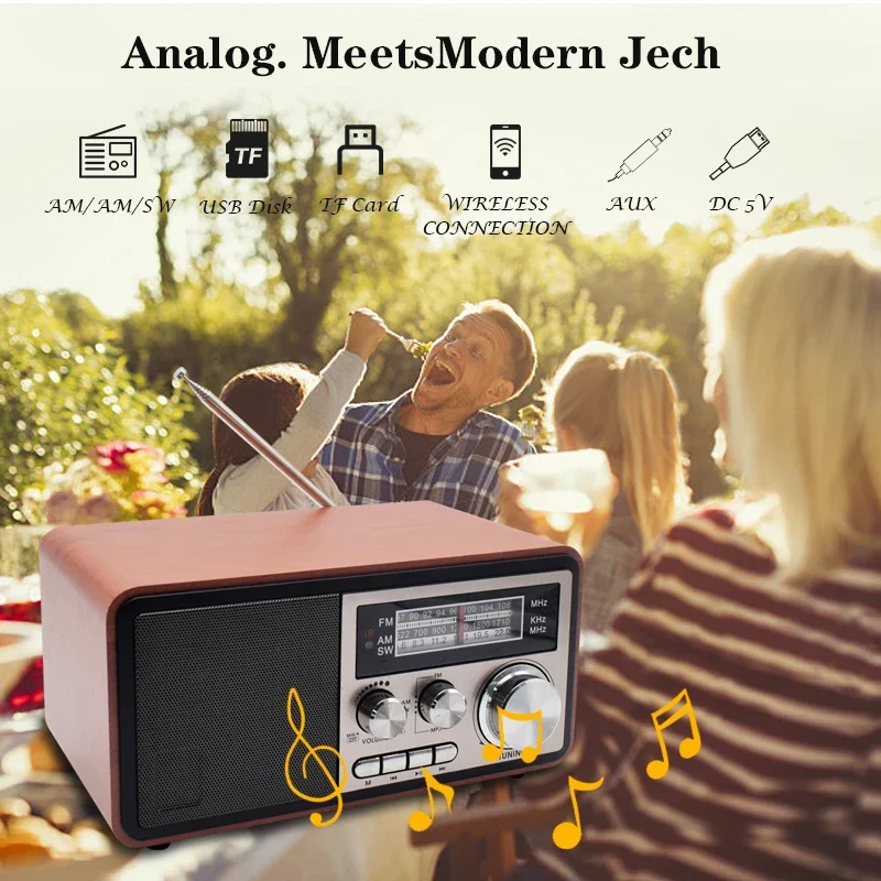 Vintage Wood Grain Radio Bluetooth Speaker - 3 Band FM/AM/SW Radio Receiver,Support USB/TF Card/AUX Playback for Home Decoration
