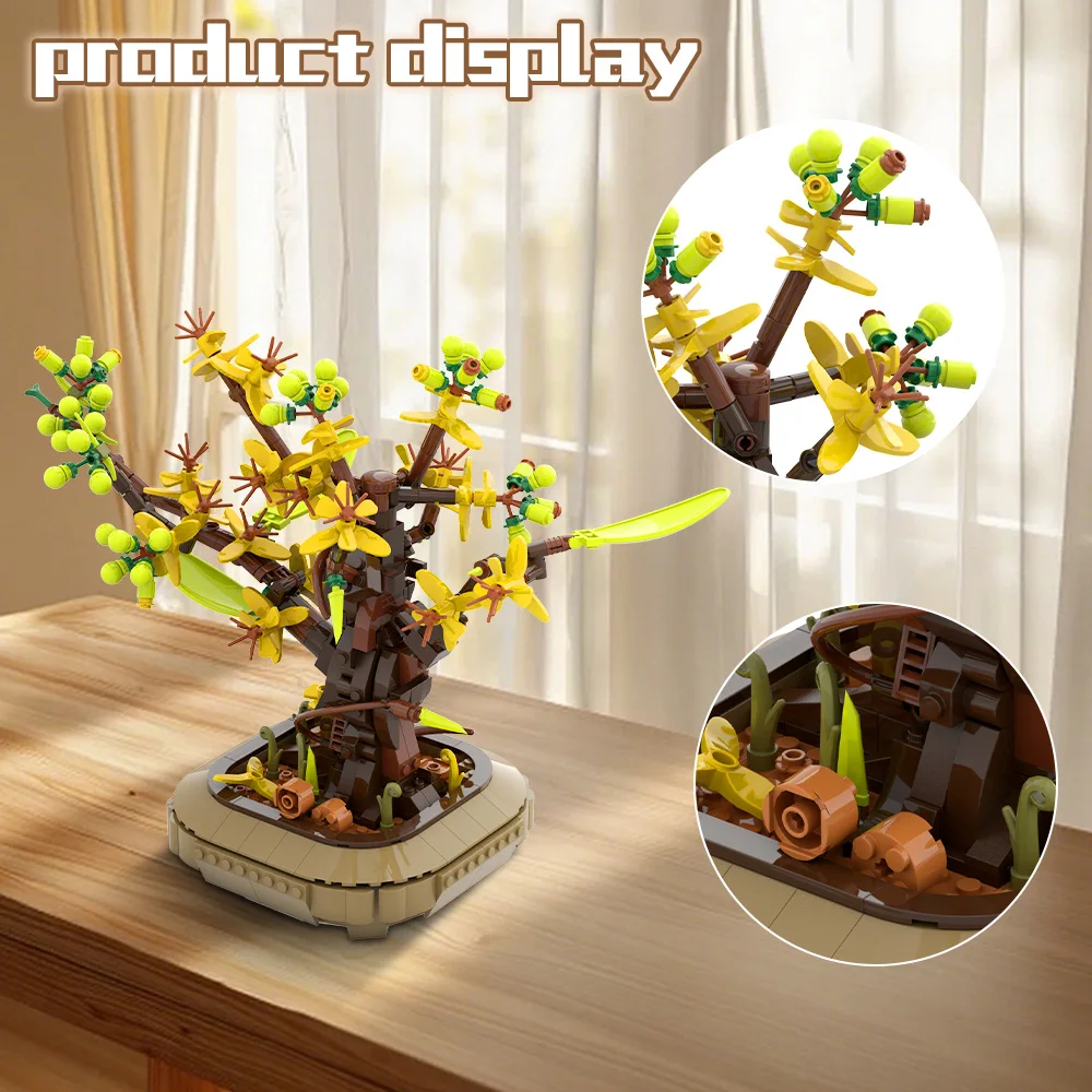 Gobricks moc damasco bonsai blocos de construção quatro temporada plantas e flores tijolos diy montado brinquedo decorativo presente das crianças