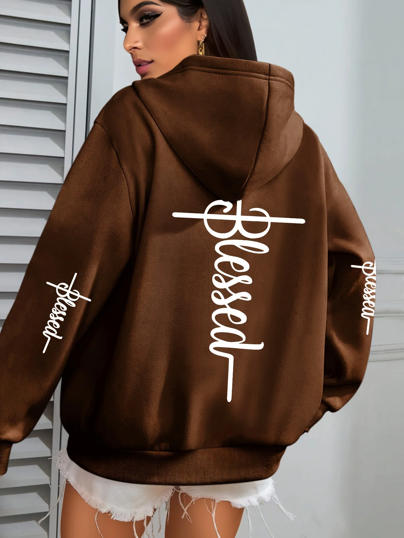 "BLESSED" Faith Print Hoodie Long Sleeve Pullover with Pocket Slight Stretch Fall/Winter Casual Hooded Sweatshirt