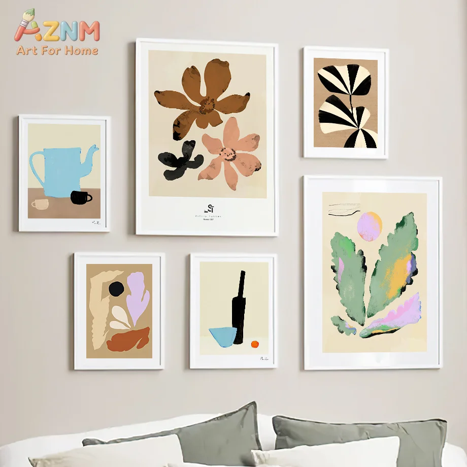AZNM Neutral Boho Abstract Floral Still Life Canvas Wall Art Minimalist Vase Teapot Leaf Geometric Print Unframed Canvas Paintin
