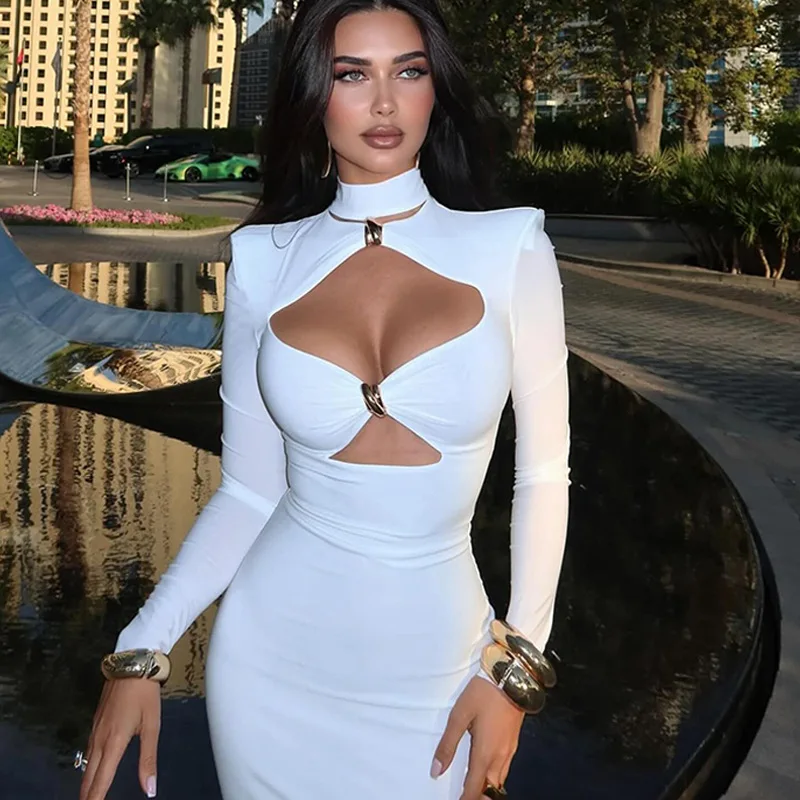 Sukienka z wycięciami damska dekolt w serek długi rękaw codzienna sukienka o kroju kolumny letnia seksowna sukienka z golfem sukienka na imprezę sukienka midi suknia