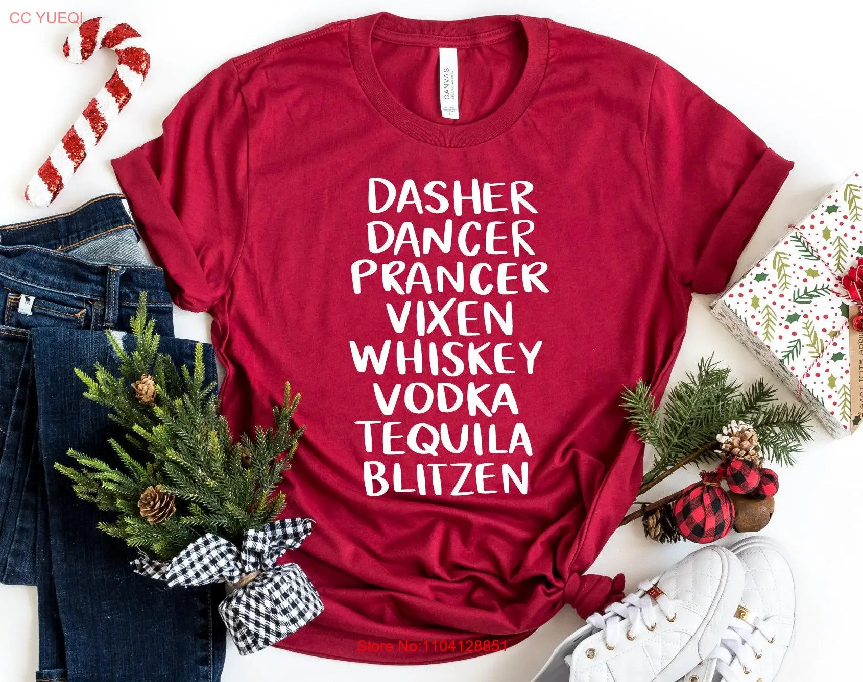 Christmas Drinking T Shirt Dasher Dancer Vodka Reindeer Names LisT Funny for Women Holiday long or short sleeves