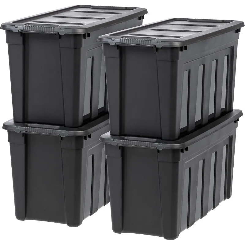 USA 31 Gallon Heavy Duty Totes for Storage with Easy-Grip Handles, 4 Pack - Made in USA, Storage Bins with Lids, Durable