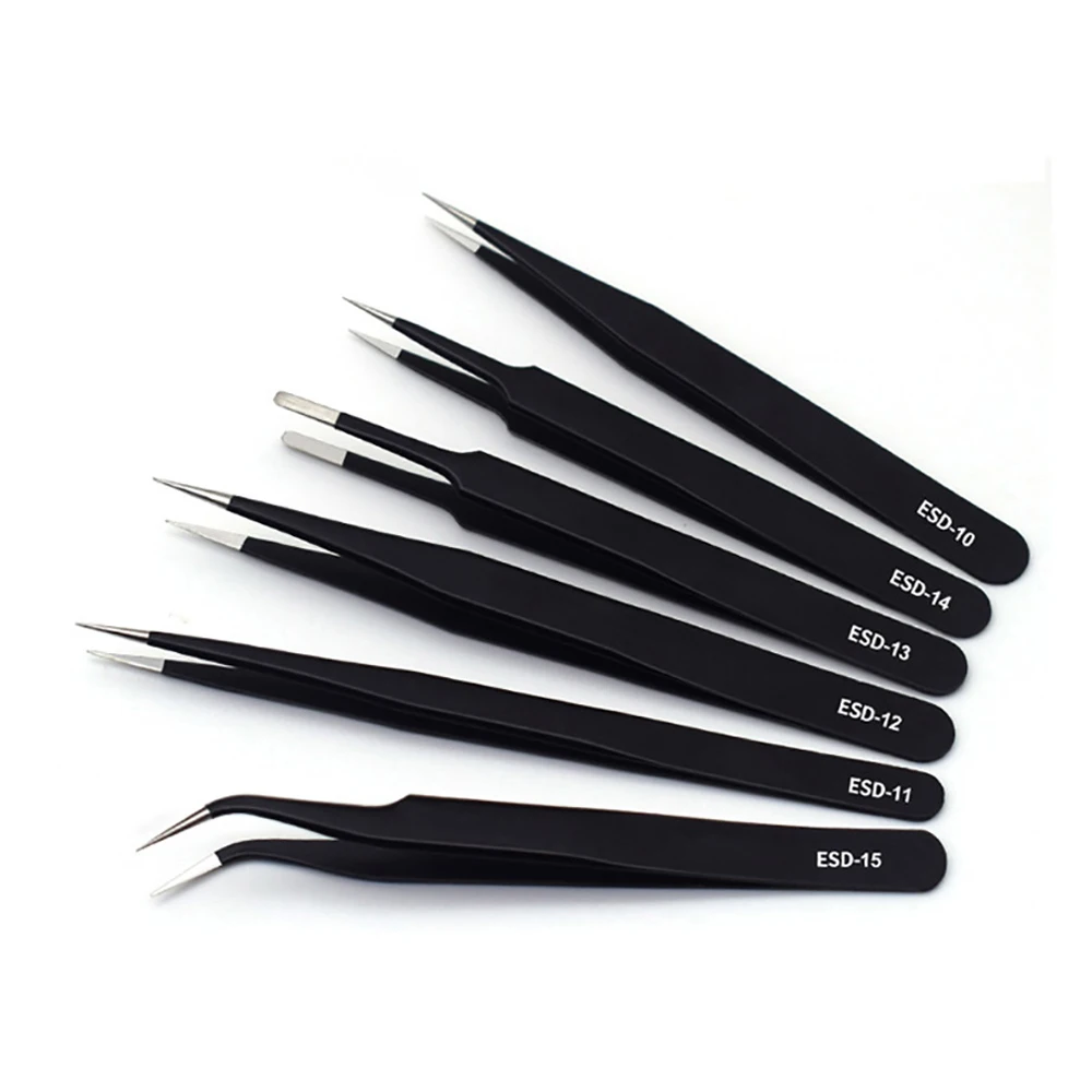 

Black ESD Anti-Static Stainless Steel Tweezers Precision Maintenance Industrial Repair Home Working Model Making Hand Tools Set