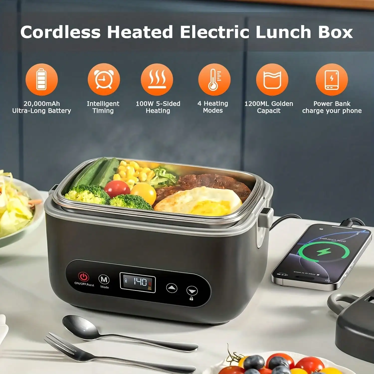 1.2L Cordless Electric Lunch Box 20000mAh - Stainless Steel Portable Food Heater, 2-In-1 Power Bank, Rechargeable Lunch Container For Office, Car, Travel & Truck Drivers