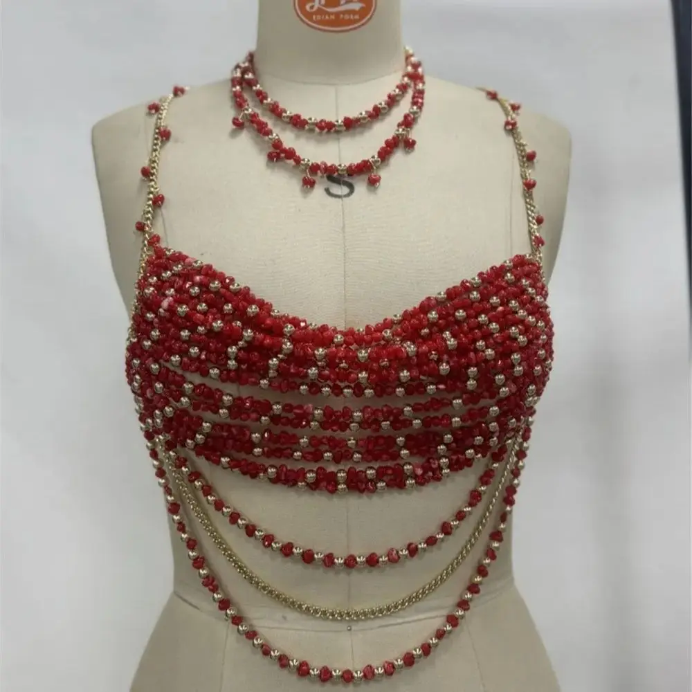 Catena per il corpo con perline di cristallo al collo appeso Y2k Hot Girl Capispalla con diamanti scintillanti Gilet versatile traforato per le vacanze estive per le donne