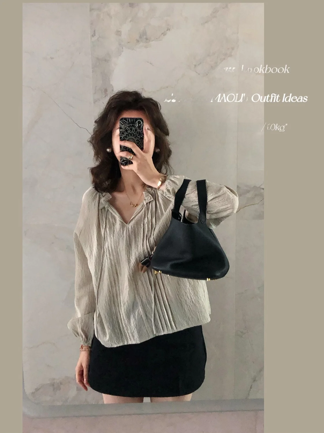 

Mao Li Xiaoli Saryou Simple Versatile Bla Musoom V-ne Long Sve Women's irt Korean Sle Straight Cut Ry Fabric