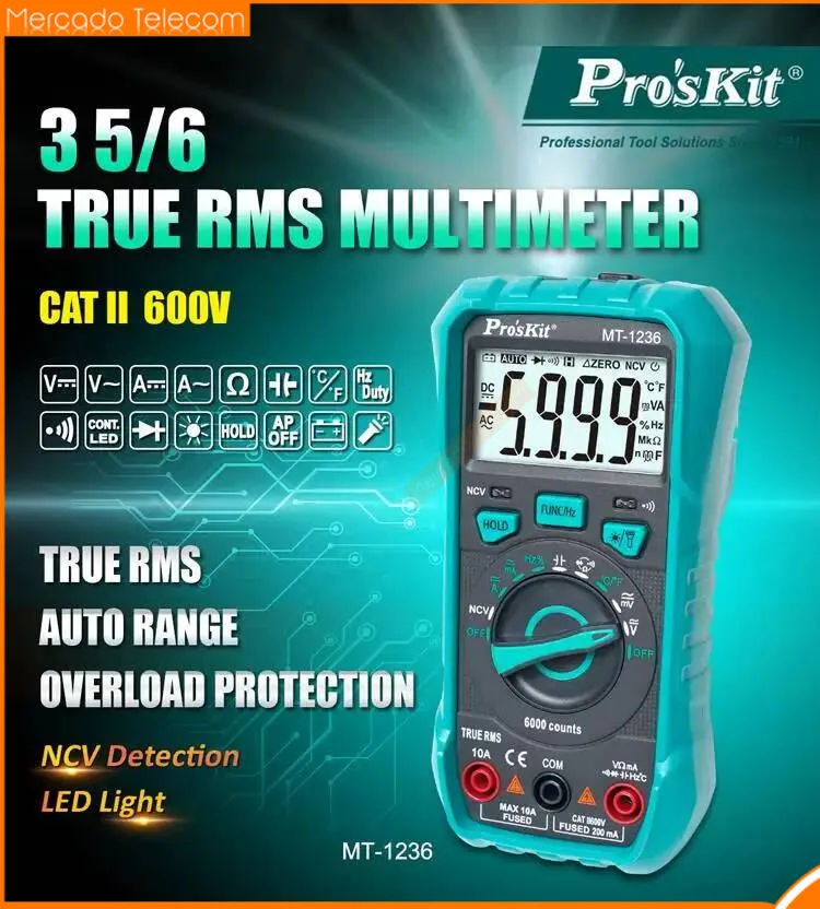 

Pro'sKit MT-1236 3-5/6 True RMS digital display multimeter overload protection data saving function