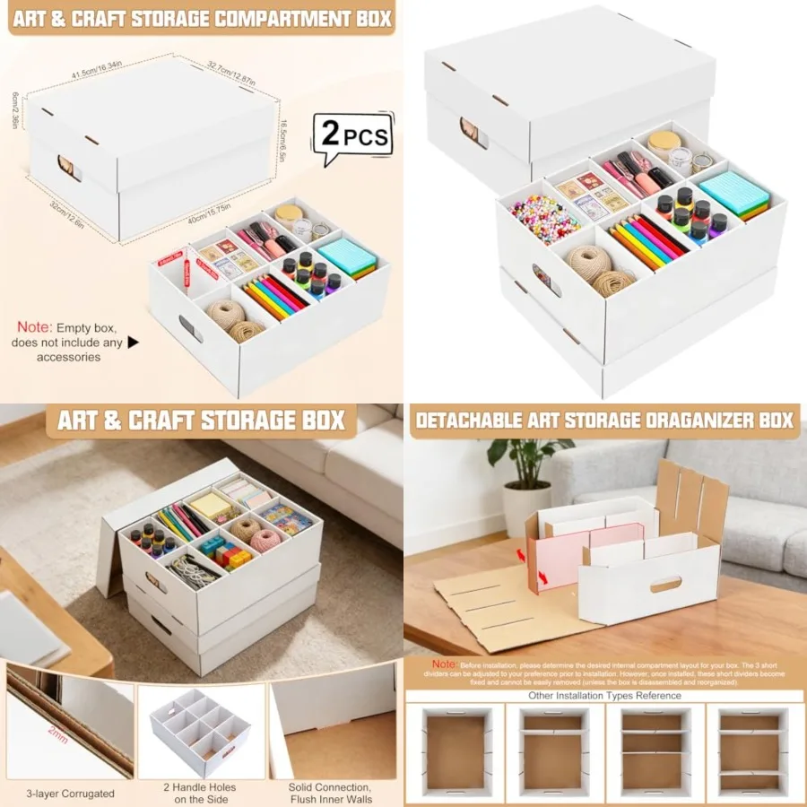 

Compartment Storage Box 2 Pack Organizer Box with Dividers Detachable Art Storage Organizer with 8 Compartments Storage Bins wi