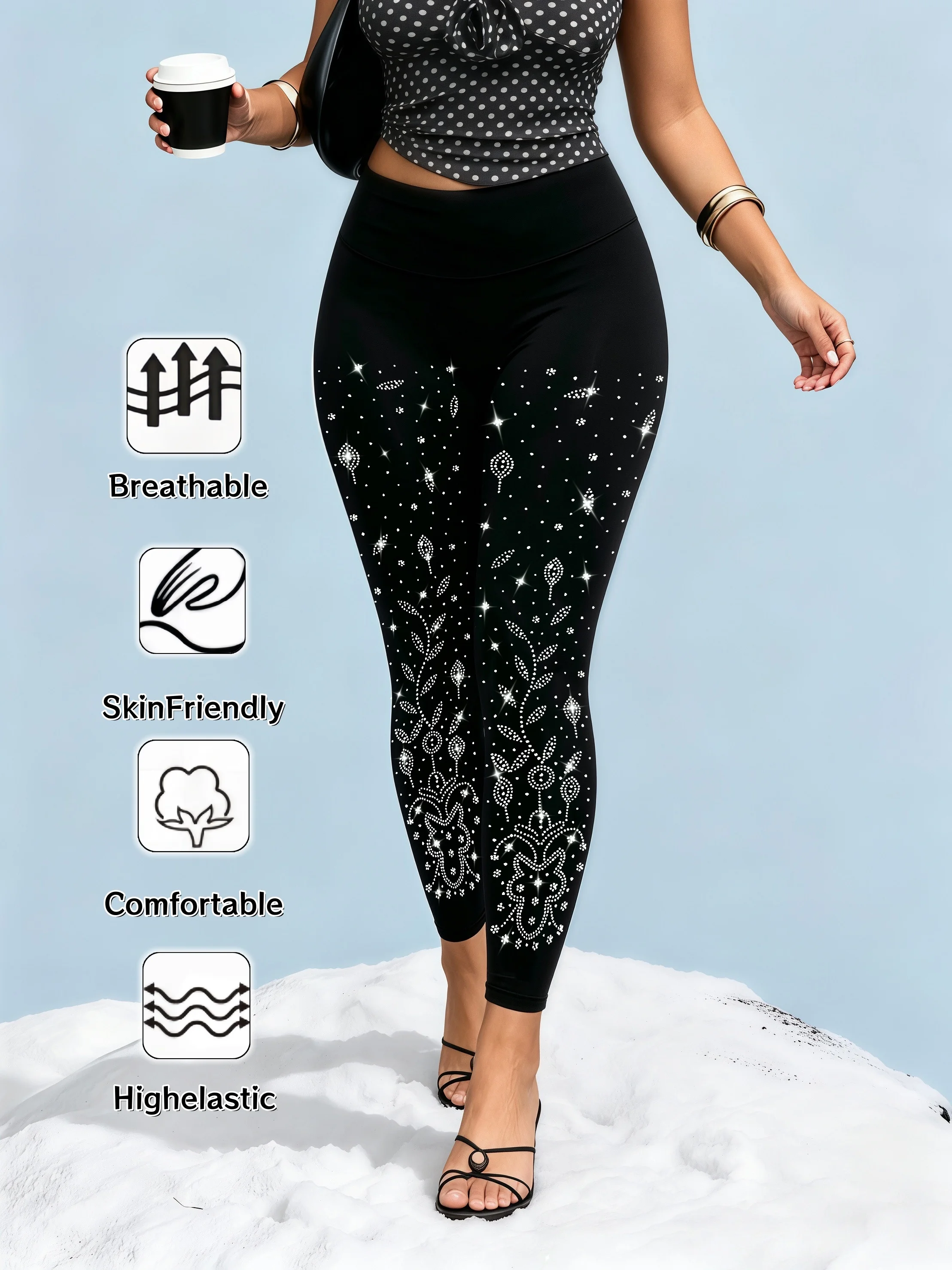 Women's Sparkly Floral Leaf Rhinestone Leggings High Waist Black Slim-Fit Tights Comfortable Stretchy for Street Commuting Casua