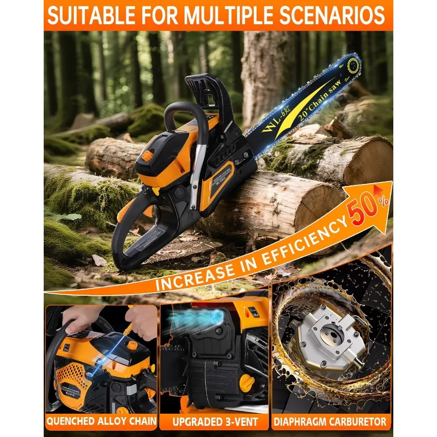 63CC Gas Powered Chainsaw 20 Inch 2-Cycle Engine with 2 Chains Bars Heavy Duty Gas Chain Saw for Tree Felling Logging and Firew