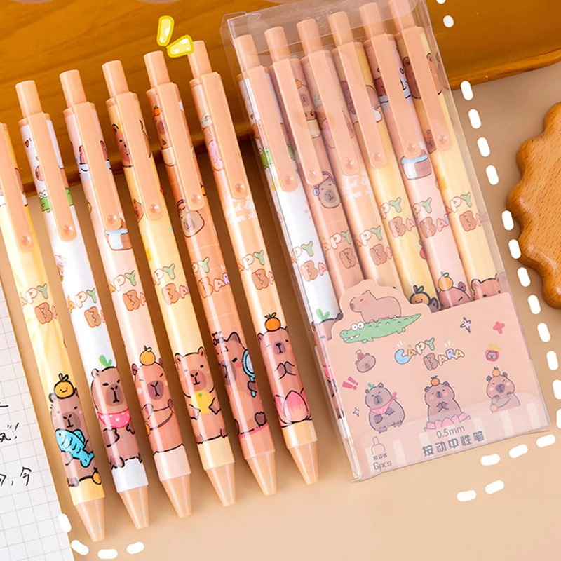 6Pcs Cute Cartoon Capybara Gel Pen Writing Smooth Quick-Drying Neutral Pens School Supplies Kawaii Student Stationery Gifts