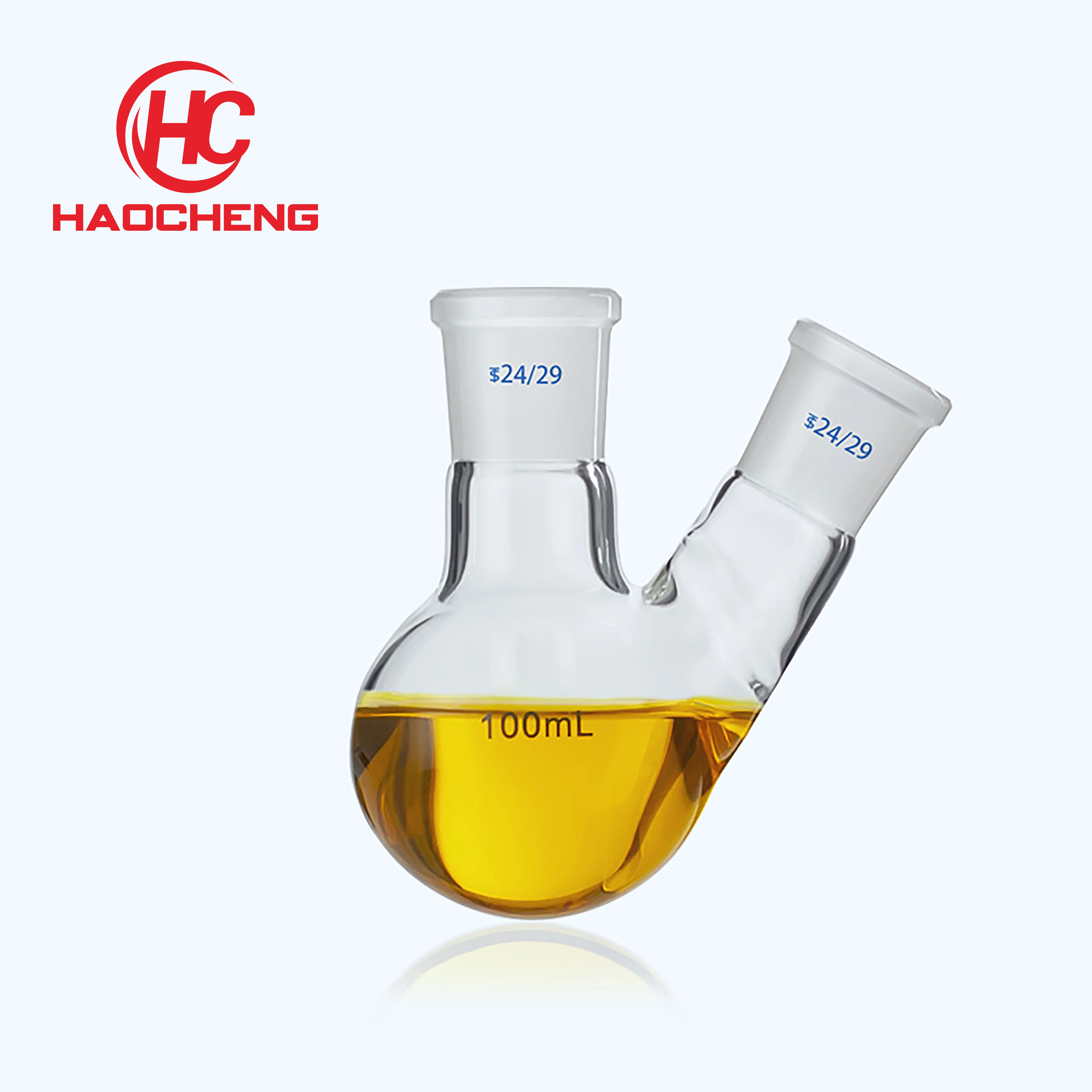 Laboratory high round bottomed glass 2-neck distillation flask with 2 standard angled adapters