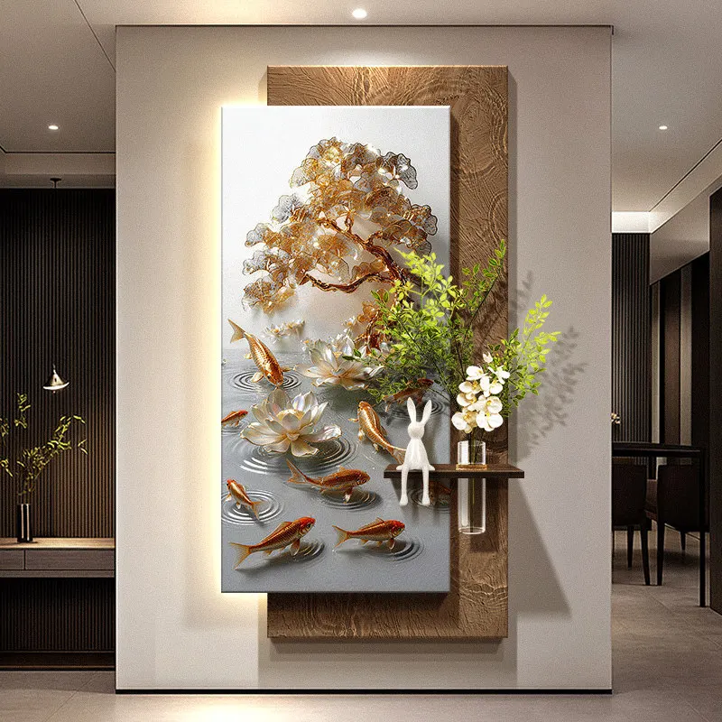 Nine Fish Gathering Wealth Picture Entrance Decoration Painting Wealth Tree Sandstone Mural Lamp Green Plant Hanging Painting