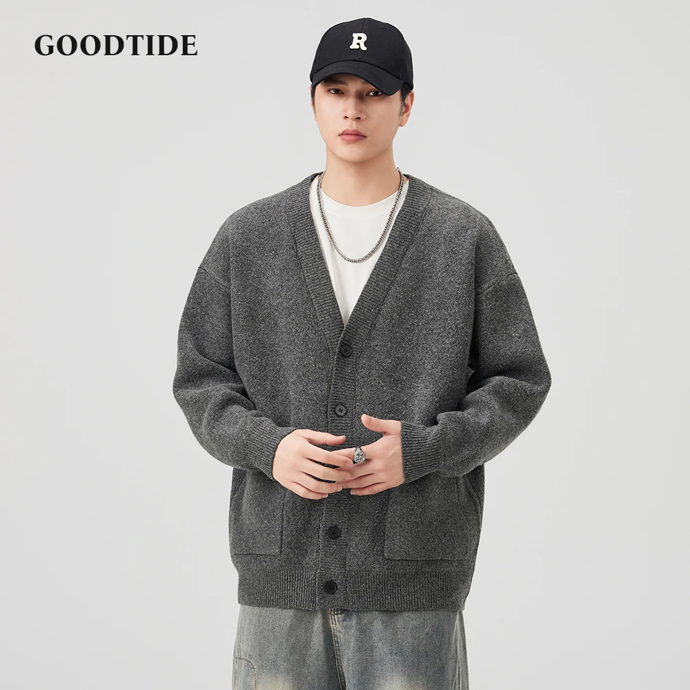 Fashion Men's Casual V - Neck Button Down Cardigan Winter New Loose Fit Knitted Sweater Jacket Long Sleeve Outerwear Pockets Top