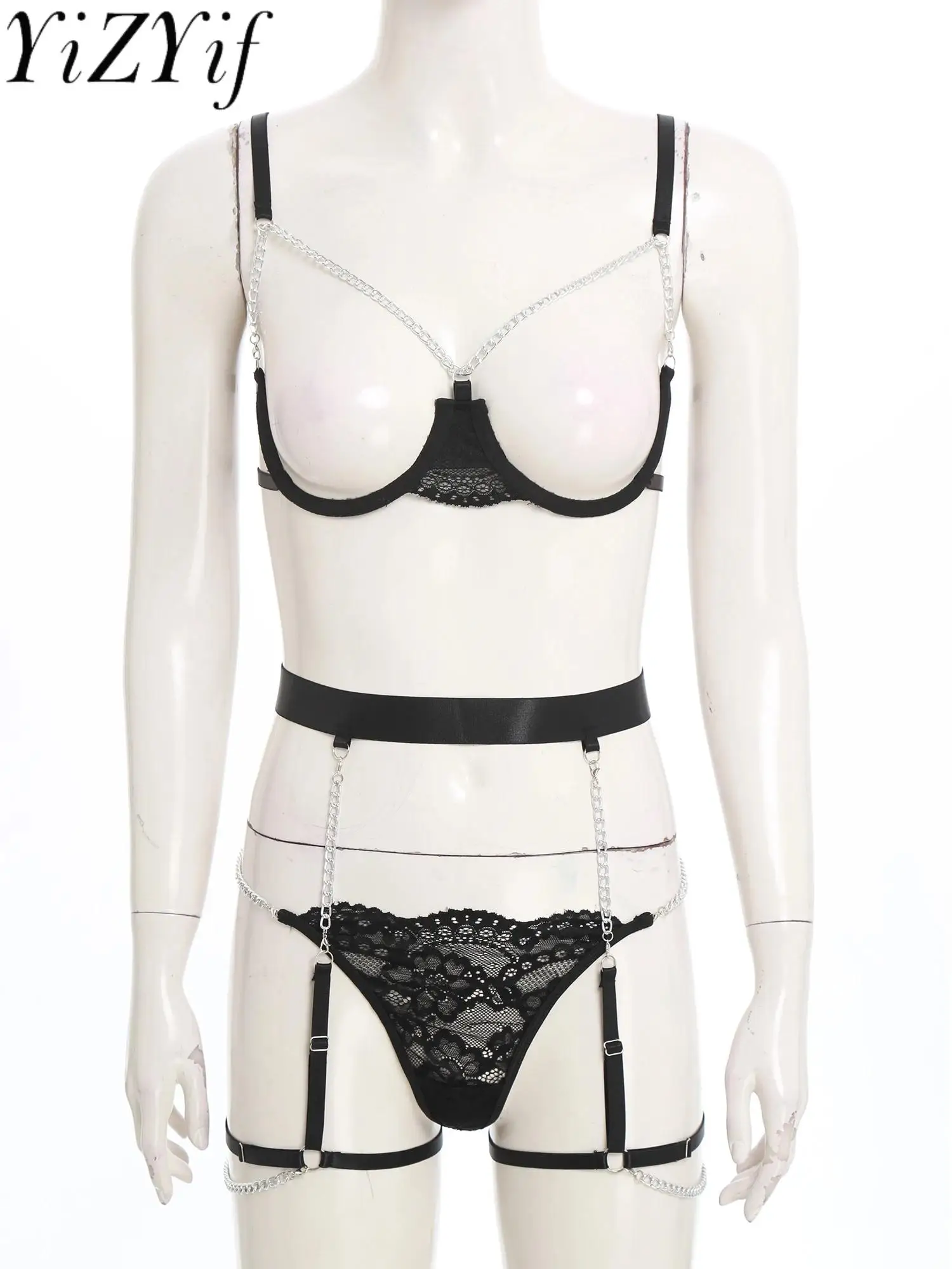 

Women Lingerie Temptation Bra Set Open Cup Chest Exposed Bra Top with Lace Thong Garters Thigh Bands for Erotic Dating Nightwear