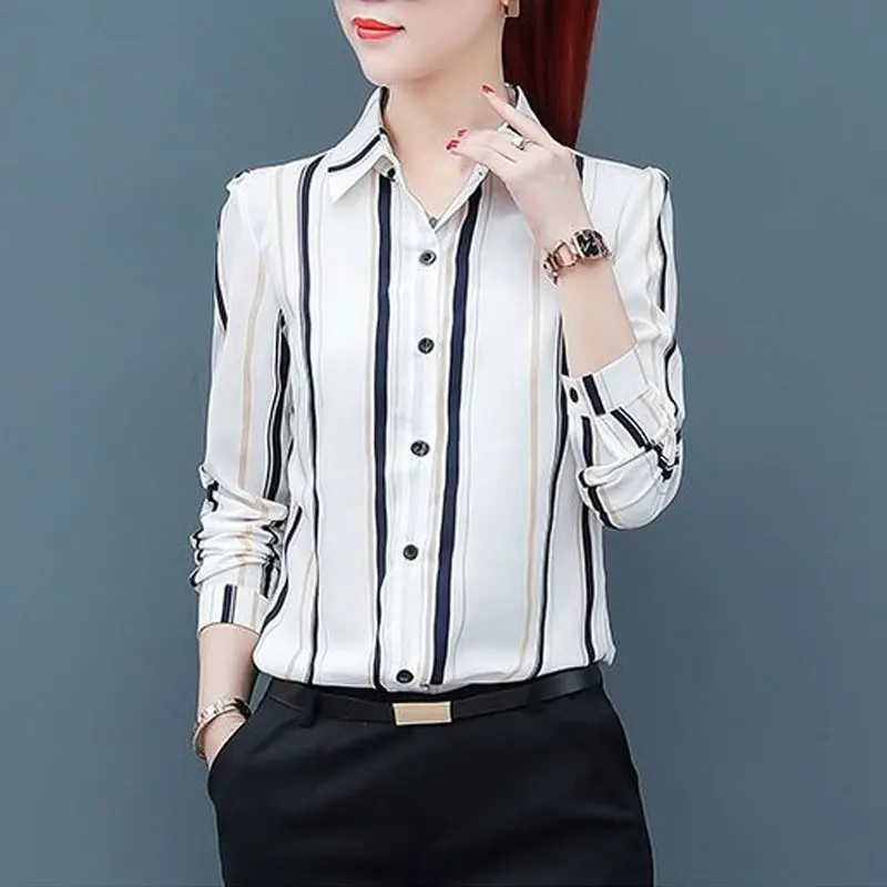 Formal Blouse Office Lady Spring Autumn Long Sleeve Women\'s Clothing Polo-Neck Fashion Striped Printed Single-breasted Shirt New