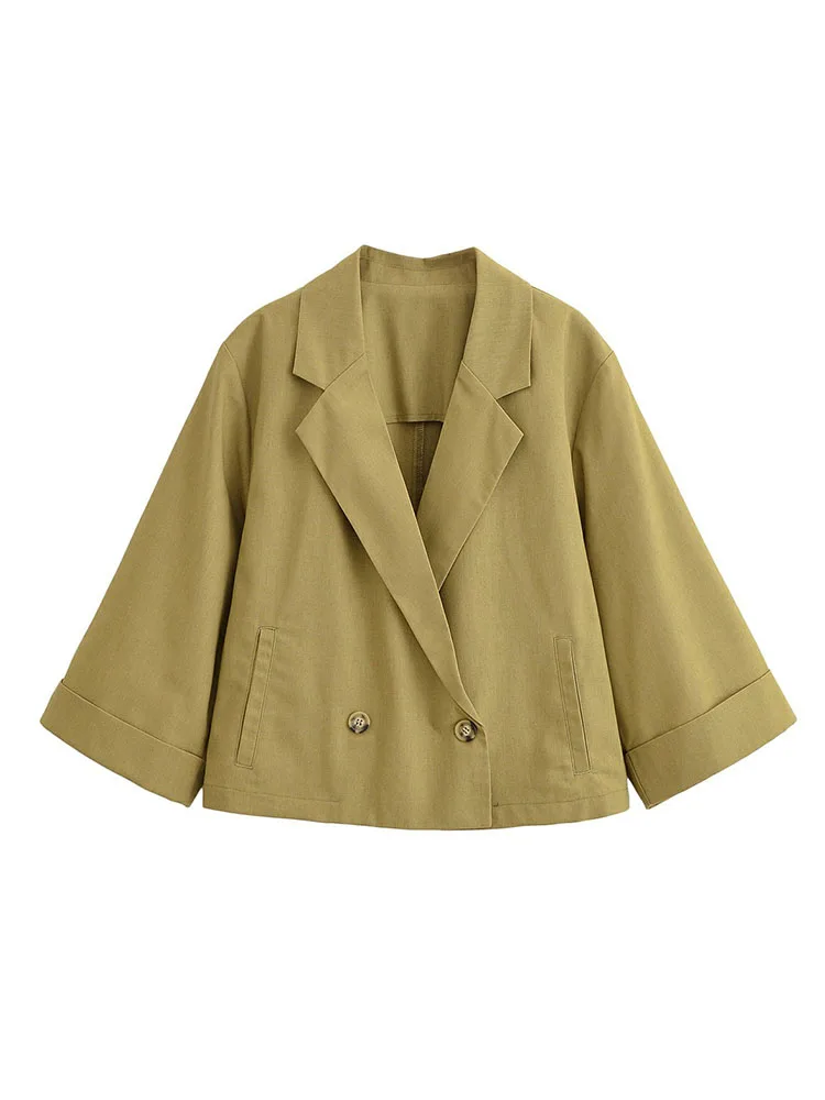 

Women Vintage Elegant Short Blazer Pockets Fashion 2025 Autumn Double Breasted Chic Streetwear Mujer Fall Teacher Outwear