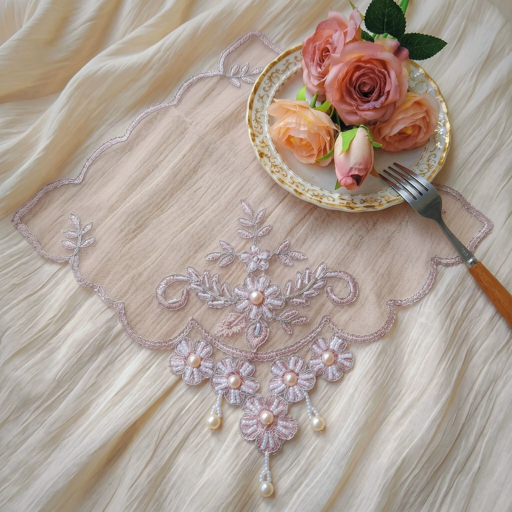 Set Of 8 Pink Lace Placemats Handmade Coaster Set Wedding Beaded Table Mats Vintage Photography Background Cloths - view 2