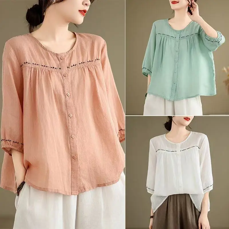 

Embroidered Cotton Linen irt Women's Loose Fit Summer Thin Casual Slimming Top Vintage Sle round Ne Seven Sve Buttons