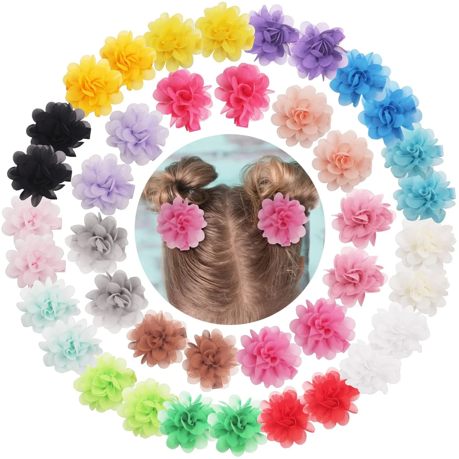 

14/40PCS 2" Chiffon Flower Hair Bows Fully Lined Flower Tiny Hair Clips Fine Hair Girls for Infants Toddlers Set of 20 Pairs