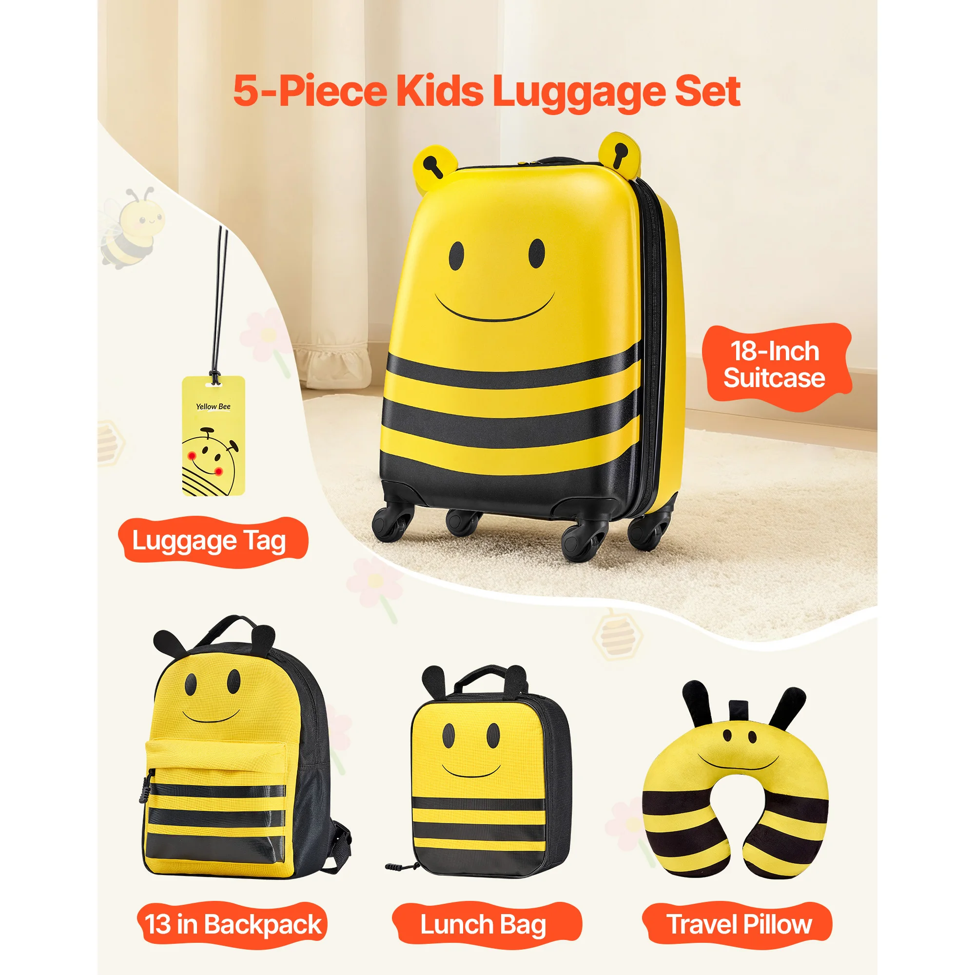 Fotografia 3: Conjunto de Malas para Crianças SucceBuy com 5 Peças, Mala de Viagem com Rodas de 18 polegadas, Mochila e Almofada em Forma de U