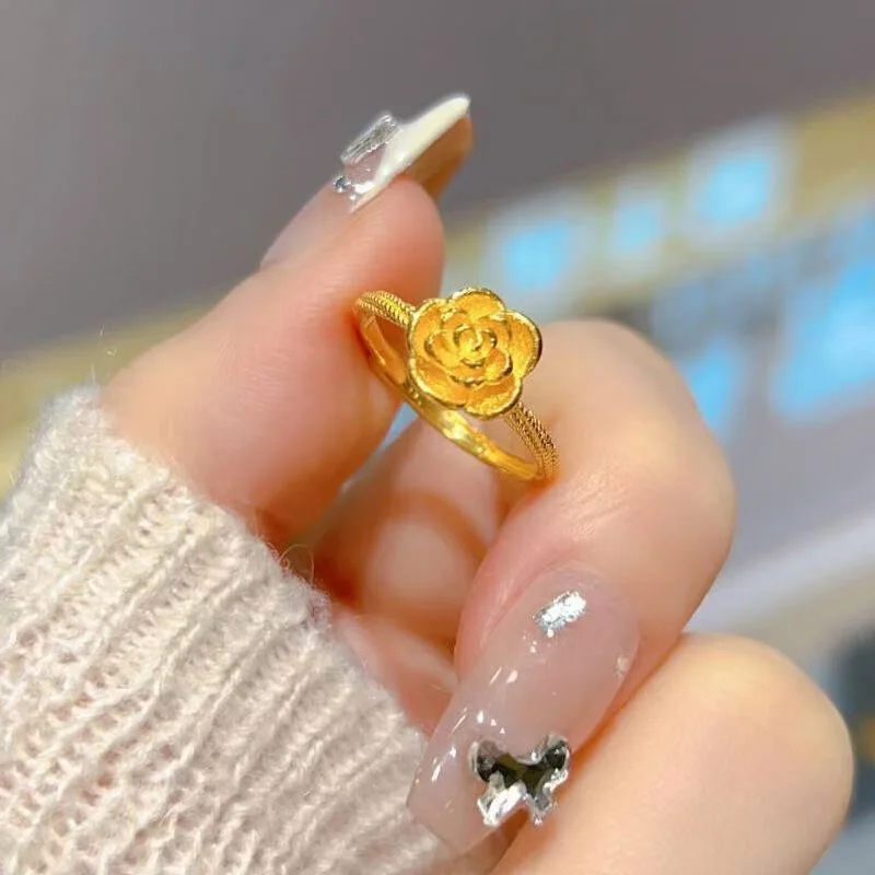 Luxurious 24K 9999 Gold Women's Rose Ring Exquisite Romantic Luxury Jewelry