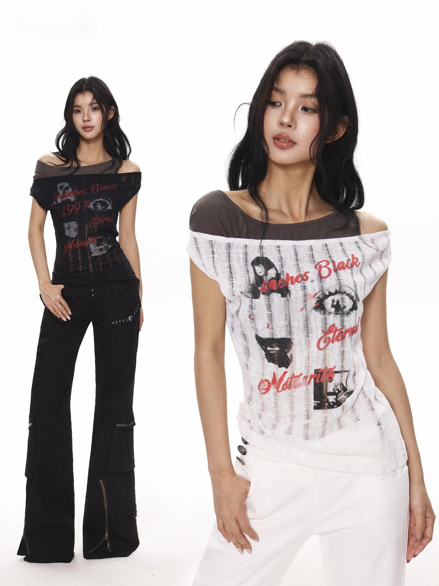 

Style American Contrast Color Shoulder Baring Top Women Summer Spicy Girl Design Slimming Side Shoulder Short Sleeve...