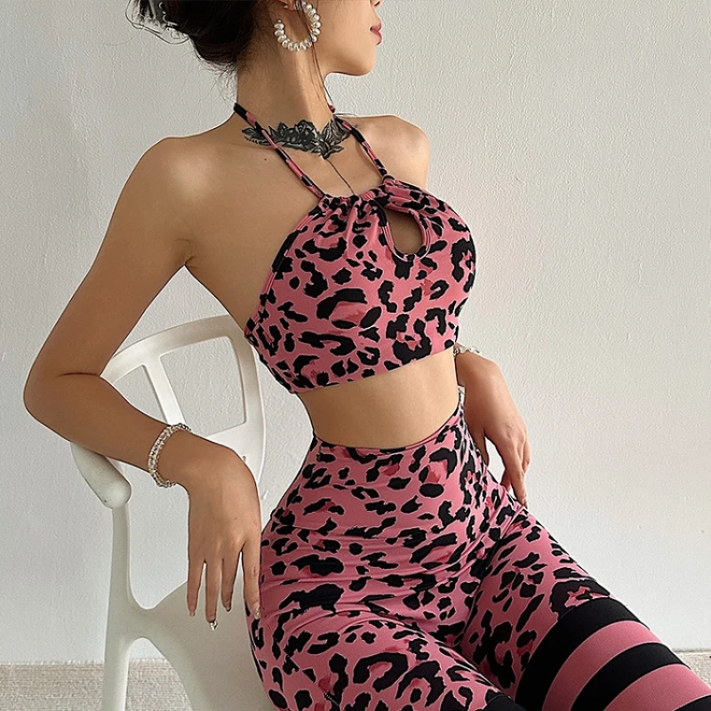 High Waist Fitness Pants Sexy Leopard Women Hanging Neck Beauty Back Yoga Bra Honey Peach Hip Shorts Sweatpants