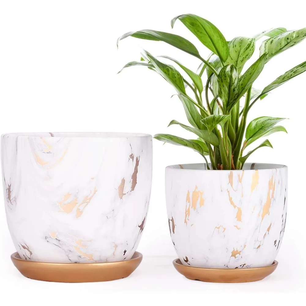 

Ceramic Plant pots (Set of 2), Modern Flower Planter, Gold Marble Gardening Pots with Drainage Hole