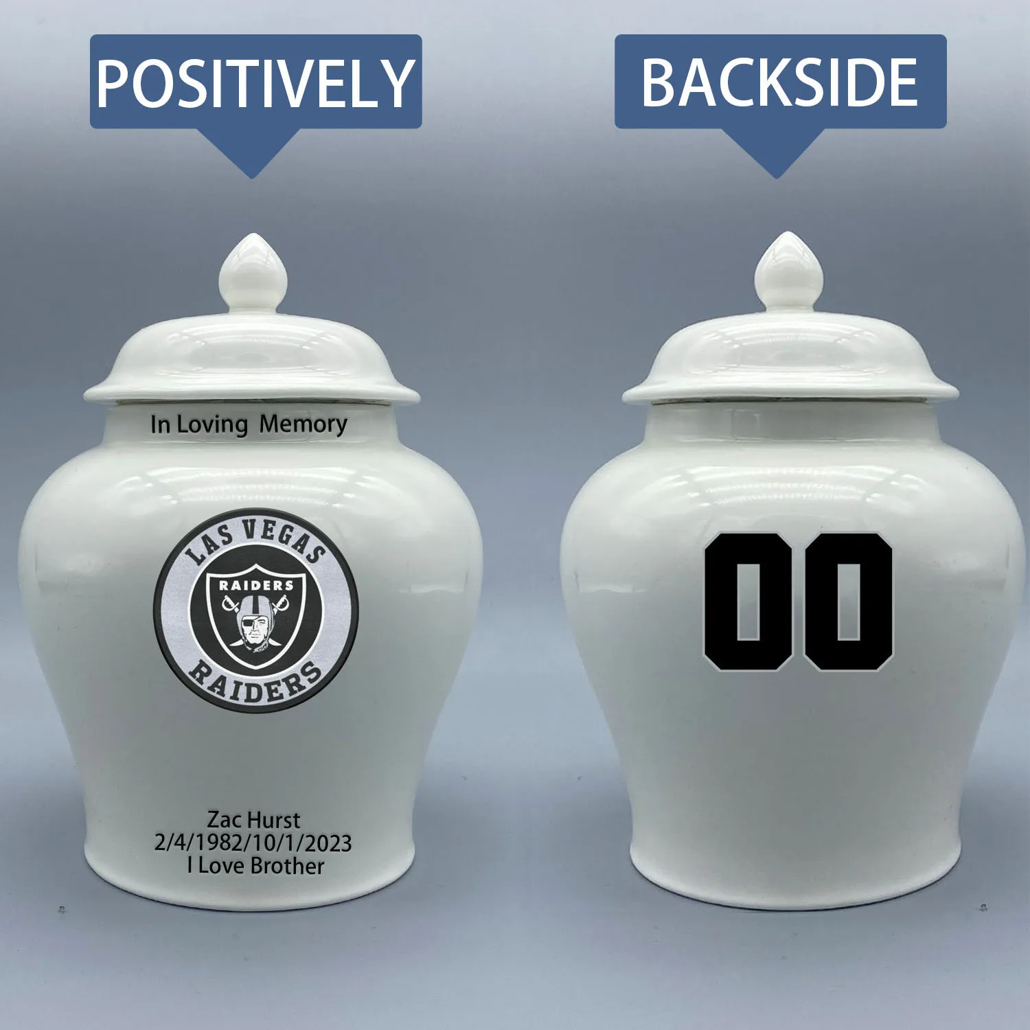 

Medium Urn for Las Vegas Raiders-themed Logo Urn.Please send me the customize information-name/date and number on the urn